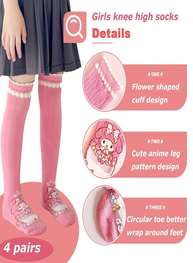 SaFeHoM 4 Pairs Knee High Socks for Girls & Women, Cute Cartoon Thicken Over Knee Stockings Cotton Long Socks Anime Compression Stocks 15" (Pink) - Image 2